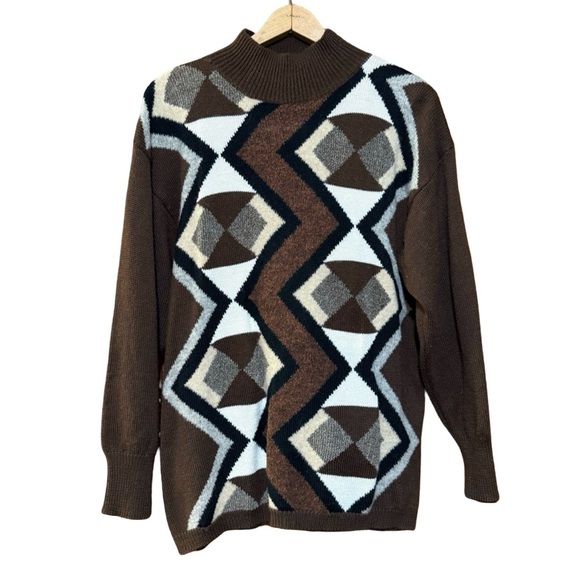 American Vintage Sweaters - Vintage 1990s Fred Thomas Knit Argyle Abstract Mock Neck Sweater
